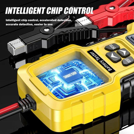 Foxsur Tool For Checking Car Batteries In Daily Maintenance - yellow battery tester with smart chip display and red/black clamps for quick checks