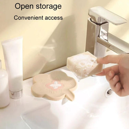 Practical Silicone Soap Dispenser for Everyday Bathroom Routines - beige flower-shaped silicone soap holder by sink for draining and tidy storage