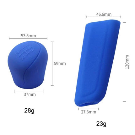 Silicone Gear Shift And Handbrake Cover Anti Slip Universal Fit showing blue silicone gear knob and handbrake sleeve with dimensions