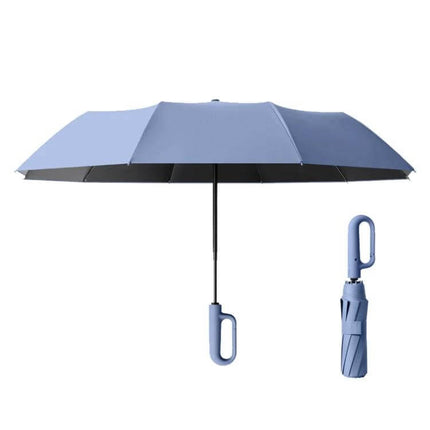 Automatic Foldable Umbrella for Rain and Sun Protection - compact tri-fold blue umbrella with automatic open/close and ergonomic C-handle