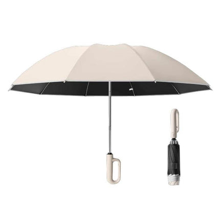Automatic Foldable Umbrella for Rain and Sun Protection — compact tri-fold automatic umbrella with black inner lining and beige canopy, easy one-touch open/close