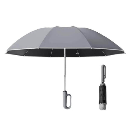 Automatic Foldable Umbrella for Rain and Sun Protection - grey tri-fold umbrella open and folded with automatic handle