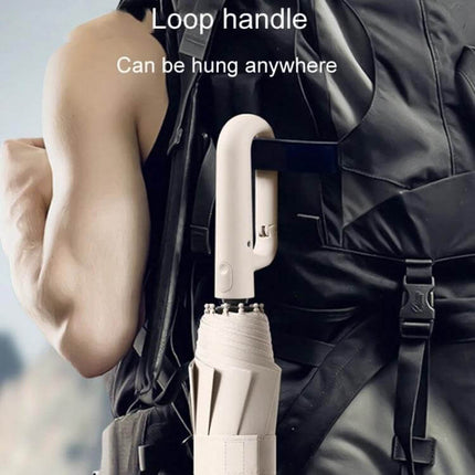 Automatic Foldable Umbrella for Rain and Sun Protection with loop handle hanging on backpack, automatic open/close compact tri-fold design