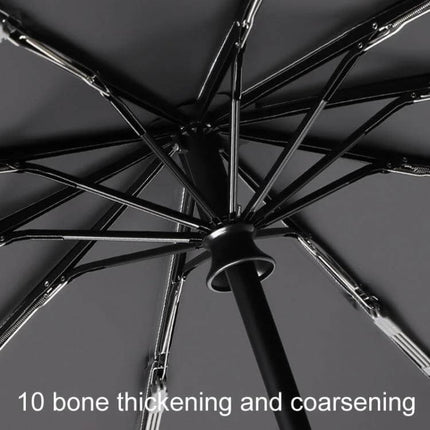 Automatic Foldable Umbrella for Rain and Sun Protection - close-up of black tri-fold frame and 10-bone reinforced ribs