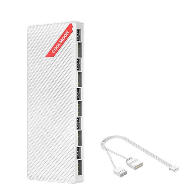COOLMOON AM10 Dual Port Hub for PC Fan and Lighting Control white angled view with 10 PWM ports and cable for fan and ARGB lighting