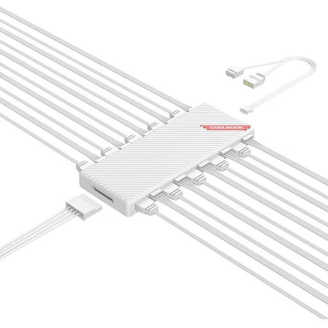 COOLMOON AM10 Dual Port Hub for PC Fan and Lighting Control – white hub with multiple PWM fan and ARGB light connectors