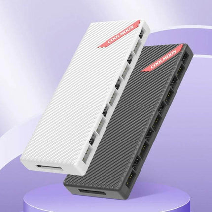 COOLMOON AM10 Dual Port Hub for PC Fan and Lighting Control shown in white and black with multiple PWM fan ports and ARGB connectors