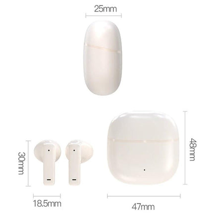 Wireless In Ear Earphones For Commuting And Workouts compact white earbuds with charging case and dimensions