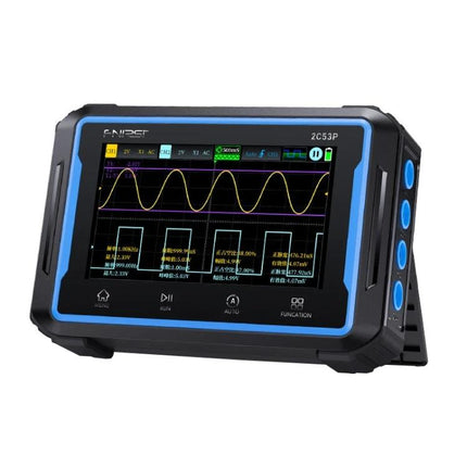 FNIRSI 2C53P Dual-Channel Oscilloscope for Signal Measurement showing dual waveform display, signal generator and multimeter functions on compact handheld unit
