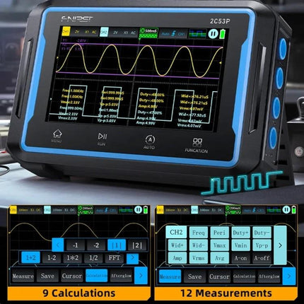 FNIRSI 2C53P Dual-Channel Oscilloscope for Signal Measurement showing waveform display, measurements, and menus on a compact bench device