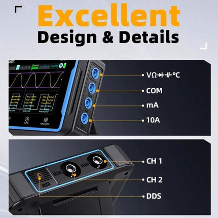 FNIRSI 2C53P Dual-Channel Oscilloscope for Signal Measurement compact unit showing front display, probe inputs, multimeter jacks and CH1 CH2 DDS ports