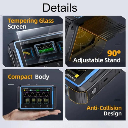 FNIRSI 2C53P Dual-Channel Oscilloscope for Signal Measurement compact unit with tempering glass screen adjustable 90° stand anti-collision design