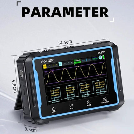 FNIRSI 2C53P Dual-Channel Oscilloscope for Signal Measurement showing waveform, signal generator and multimeter functions on compact display