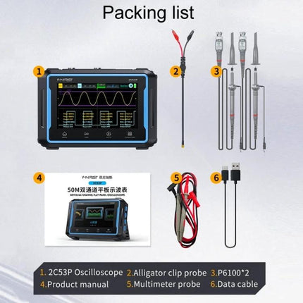 FNIRSI 2C53P Dual-Channel Oscilloscope for Signal Measurement showing oscilloscope, probes, multimeter leads, manual and USB cable in packing list