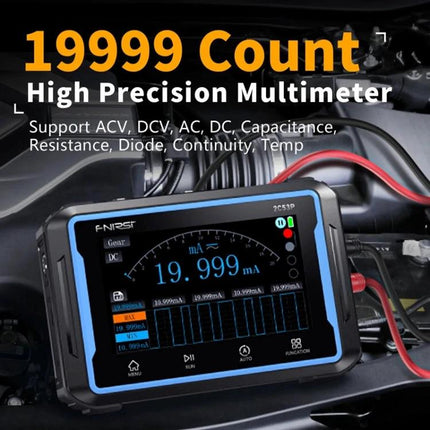 FNIRSI 2C53P Dual-Channel Oscilloscope for Signal Measurement showing multimeter mode 19999 count and waveform display