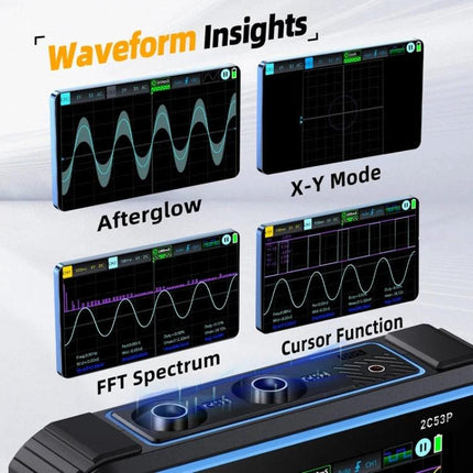 FNIRSI 2C53P Dual-Channel Oscilloscope for Signal Measurement showing waveform insights Afterglow X-Y Mode FFT Spectrum and Cursor Function