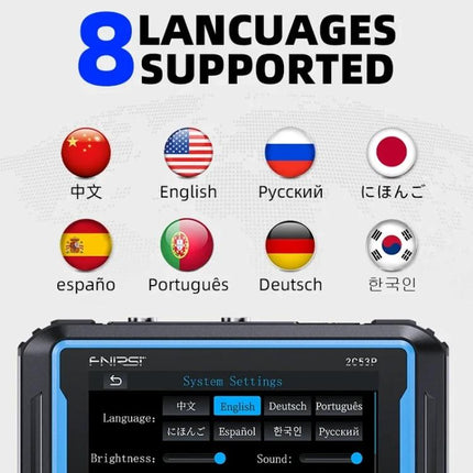 FNIRSI 2C53P Dual-Channel Oscilloscope for Signal Measurement showing 8 language support icons and device settings screen