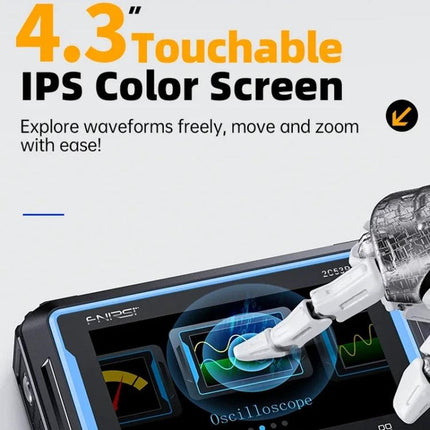 FNIRSI 2C53P Dual-Channel Oscilloscope for Signal Measurement showing 4.3" touchable IPS color screen with waveform display and probe