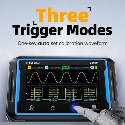 FNIRSI 2C53P Dual-Channel Oscilloscope for Signal Measurement showing three trigger modes and waveform display