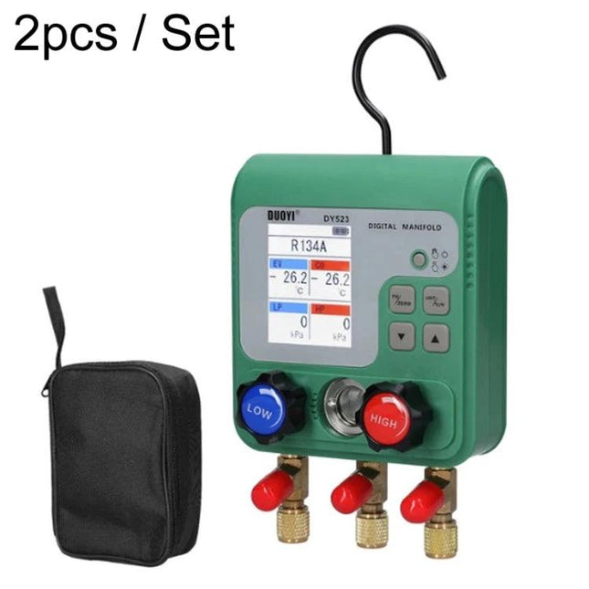 Essential DUOYI Gauge for Automotive Maintenance Tasks digital manifold with high and low ports, hanging hook and carry pouch