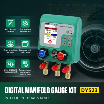 Essential DUOYI Gauge for Automotive Maintenance Tasks digital manifold gauge kit DY523 showing dual valves, HD display and pressure fittings