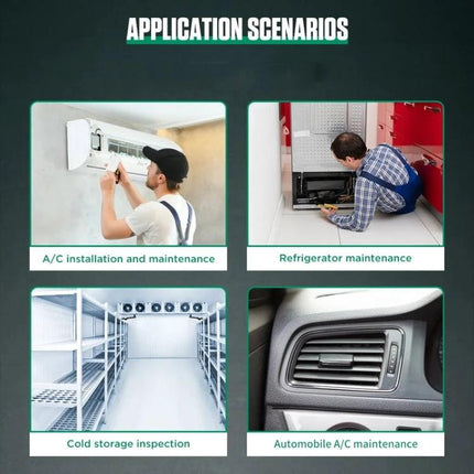 Essential DUOYI Gauge for Automotive Maintenance Tasks showing application scenarios: A/C, refrigerator, cold storage inspection, automobile A/C maintenance