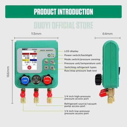 Essential DUOYI Gauge for Automotive Maintenance Tasks front view with LCD, high/low pressure ports and labeled dimensions