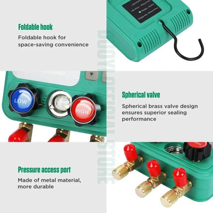 Essential DUOYI Gauge for Automotive Maintenance Tasks showing foldable hook, low/high knobs, spherical valve, and pressure access ports
