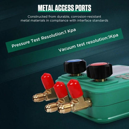Essential DUOYI Gauge for Automotive Maintenance Tasks showing metal access ports, pressure and vacuum test resolution, and brass fittings