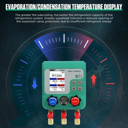 Essential DUOYI Gauge for Automotive Maintenance Tasks showing digital manifold R134A display with low and high ports