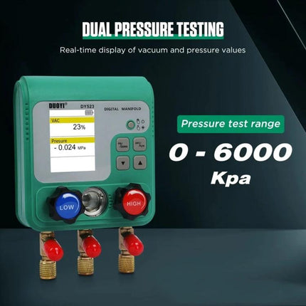 Essential DUOYI Gauge for Automotive Maintenance Tasks showing digital manifold display and 0-6000 kPa pressure range