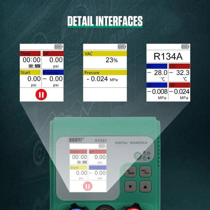 Essential DUOYI Gauge for Automotive Maintenance Tasks - digital manifold display showing pressure, vacuum and R134A readings