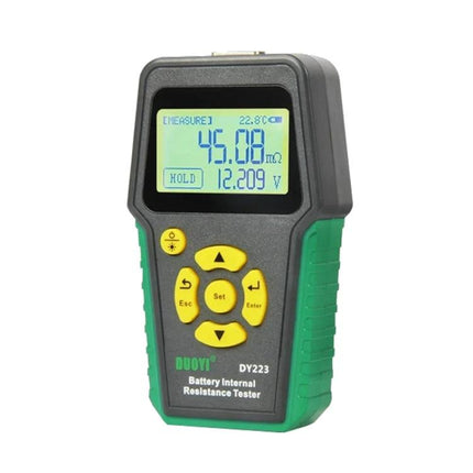 DUOYI Tool for Daily Vehicle Battery Maintenance Checks - handheld DY223 battery internal resistance and voltage tester showing 45.08 mΩ 12.209 V