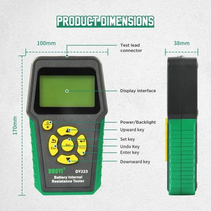 DUOYI Tool for Daily Vehicle Battery Maintenance Checks - handheld DY223 battery internal resistance tester with display and labeled buttons