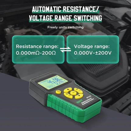 DUOYI Tool for Daily Vehicle Battery Maintenance Checks - handheld battery tester showing resistance and voltage range display