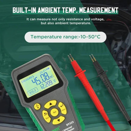 DUOYI Tool for Daily Vehicle Battery Maintenance Checks showing device display measuring voltage and internal resistance with red and black probes