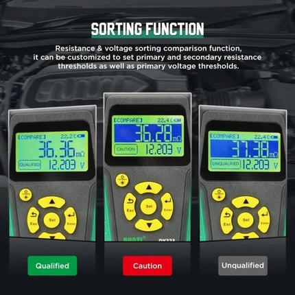 DUOYI Tool for Daily Vehicle Battery Maintenance Checks displaying resistance and voltage sorting with Qualified, Caution, Unqualified results