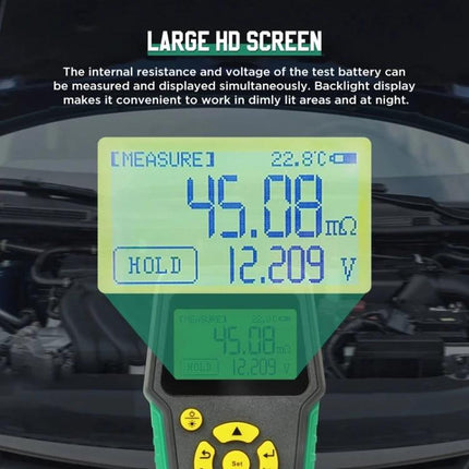 DUOYI Tool for Daily Vehicle Battery Maintenance Checks showing large HD screen with 45.08 mΩ and 12.209 V measurements