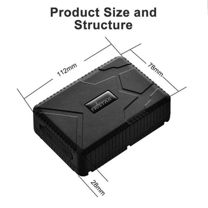 TKSTAR GPS Tracker for Vehicle Security and Location Monitoring compact black tracker showing product size 112mm x 78mm x 28mm