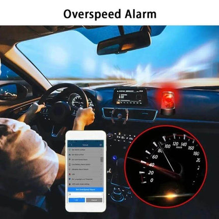 TKSTAR GPS Tracker for Vehicle Security and Location Monitoring showing in-car overspeed alarm, speedometer alert and mobile app notification