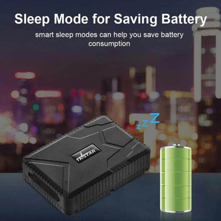 TKSTAR GPS Tracker for Vehicle Security and Location Monitoring showing compact tracker, sleep mode battery saving and app monitoring