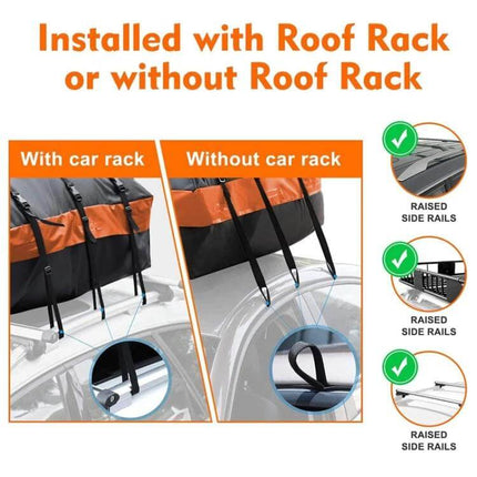 Waterproof Car Roof Luggage Storage Bag, 21 Inches secured on vehicle roof with straps shown for use with or without roof rack