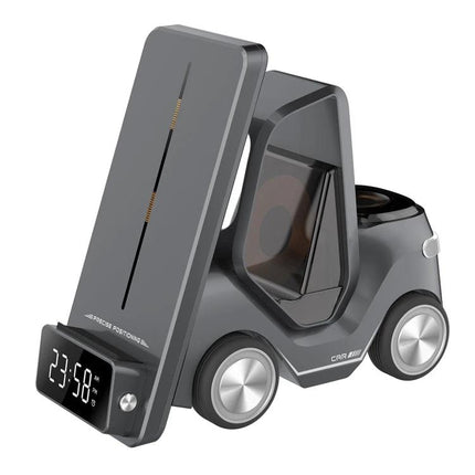 Versatile Car-Shaped Alarm Clock for Everyday Home Desk Use - compact gray car-shaped alarm clock with wireless charging stand and digital display