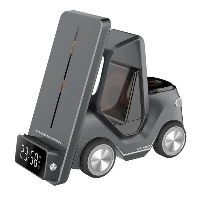 Versatile Car-Shaped Alarm Clock for Everyday Home Desk Use - compact gray car-shaped alarm clock with wireless charging stand and digital display