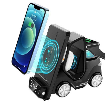 Versatile Car-Shaped Alarm Clock for Everyday Home Desk Use showing wireless charging phone, digital clock display, and compact car design