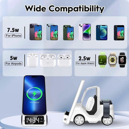Versatile Car-Shaped Alarm Clock for Everyday Home Desk Use showing wireless charging for iPhone, AirPods, Apple Watch and digital clock display