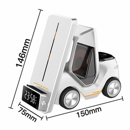 Versatile Car-Shaped Alarm Clock for Everyday Home Desk Use - white car-shaped wireless charging alarm clock with digital display and dimensions