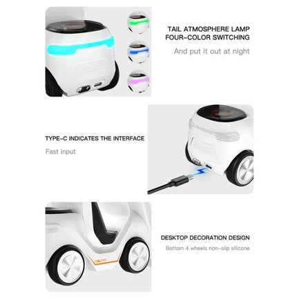 Versatile Car-Shaped Alarm Clock for Everyday Home Desk Use showing wireless charging, USB‑C port, and colorful tail atmosphere lamp