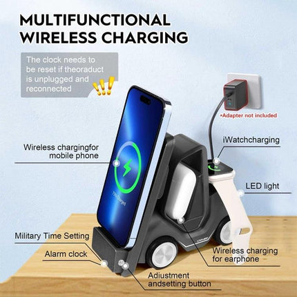 Versatile Car-Shaped Alarm Clock for Everyday Home Desk Use compact wireless charging desk clock with phone, earbuds and watch charging