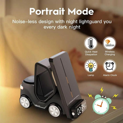 Versatile Car-Shaped Alarm Clock for Everyday Home Desk Use showing compact car design with wireless charging, digital clock display and bedside lamp